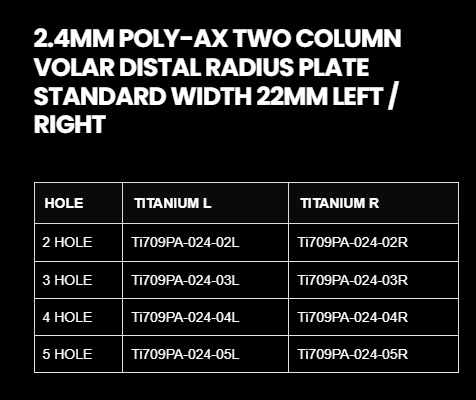 2.4MM POLY AXIAL DISTAL RADIUS TWO-COLUMN STANDARD(22MM) VOLAR LOCKING PLATE