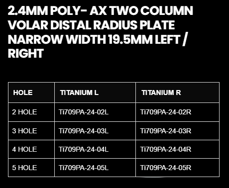 2.4MM POLY AXIAL DISTAL RADIUS TWO-COLUMN NARROW(19.5MM) VOLAR LOCKING PLATE
